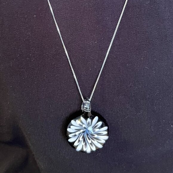 Hand Crafted Jewelry - Vintage Lampwork Art Glass Pendant with 3D Purple & White Flower + Silver Chain
